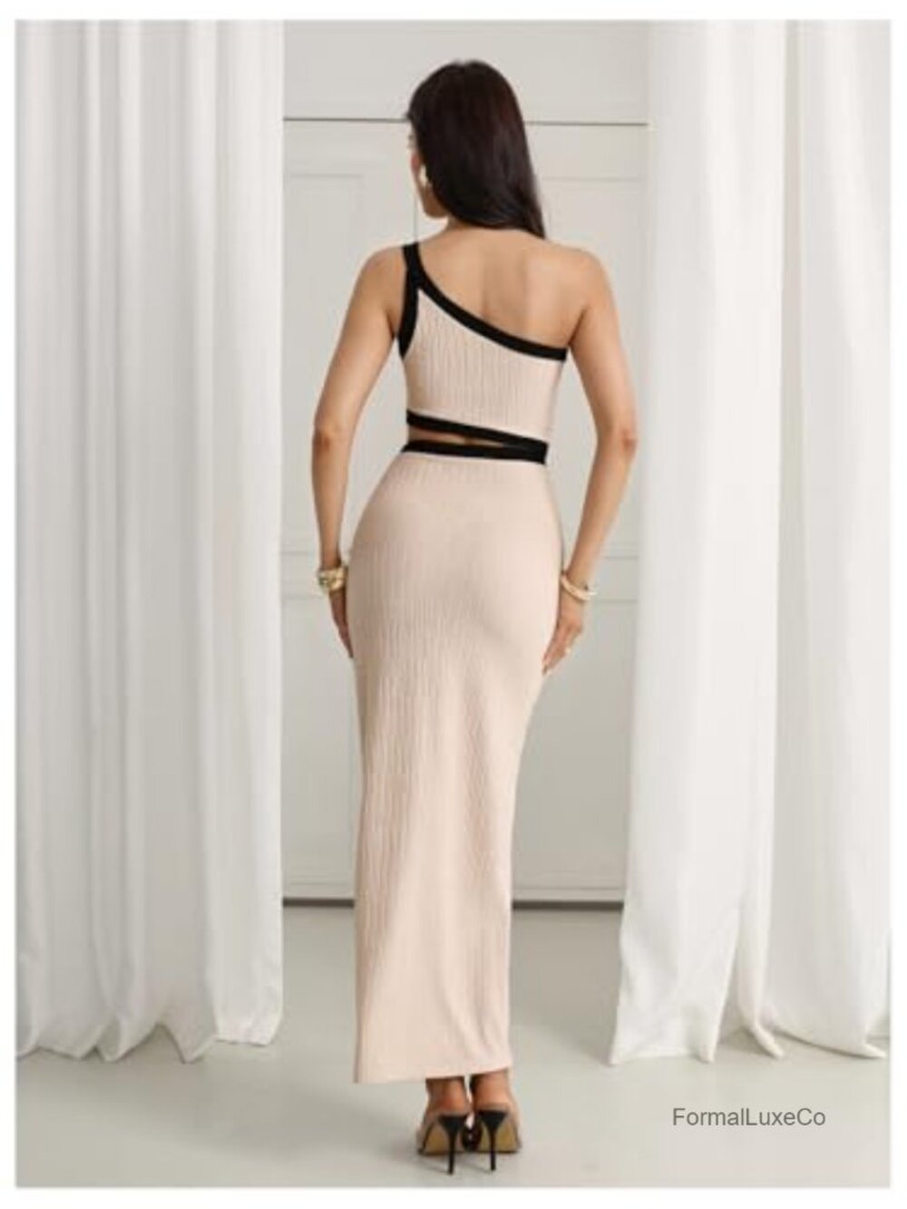 One Shoulder Cut Out Dress Ruched Split Bodycon Evening Long Dress - Picture 2 of 5